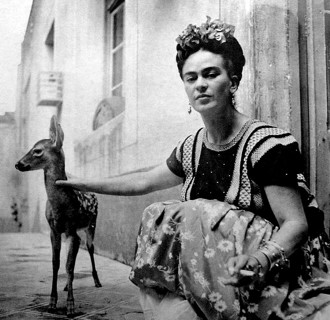 Frida Kahlo with her pet baby deer, Granizo, in 1939